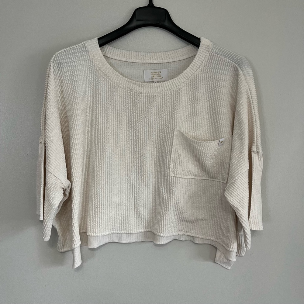 🌾 Simply Southern Ivory Ribbed Pocket Tee – Oversized Cropped Top L